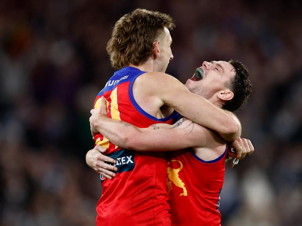 Lions co-captains Harris Andrews (left) and Lachie Neale celebrate after Brisbane’s preliminary final win over Geelong. Picture: Michael Willson/AFL Photos via Getty Images