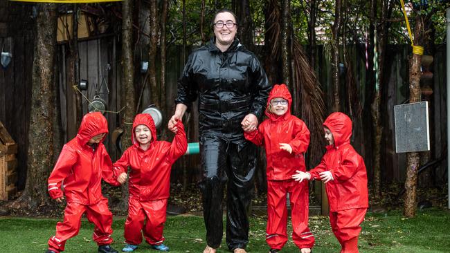 Children playing at Tigger’s Honeypot early learning centre at UNSW last year. Also pictured is educator Fiona Weekes. Picture: Monique Harmer