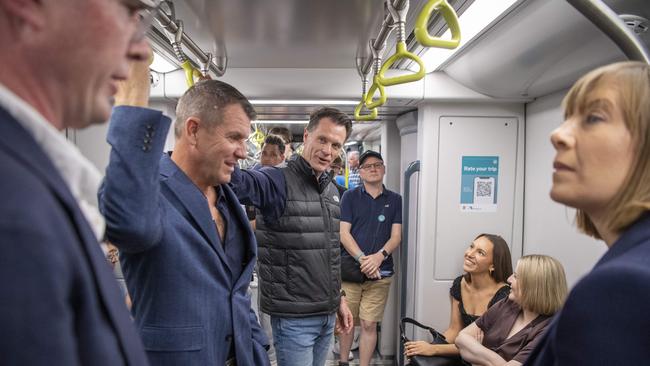 NSW Premier Chris Minns with Transport Minister Joe Haylen and former Premiers Mike Baird and Dominic Perrottet mark the Sydney Metro opening. Picture: NewsWire / Simon Bullard.