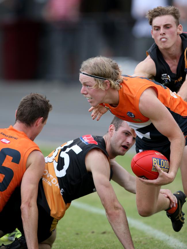 GFL: Geelong West Giants v Grovedale. Geelong West's Grady Slocombe. Picture: Mike Dugdale