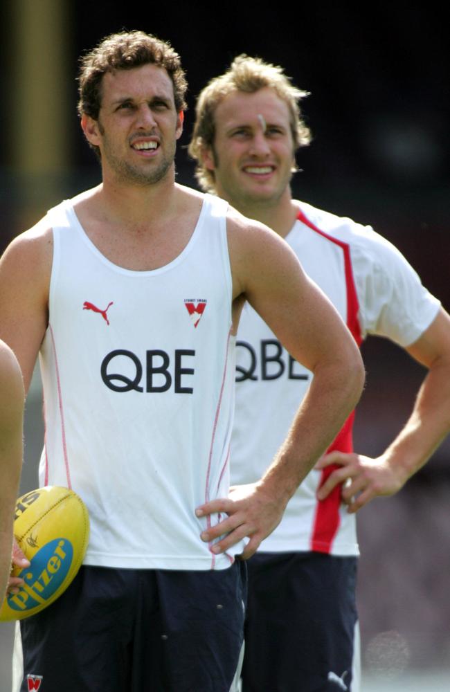 1998 Under 18 All Australians Nick Davis and Jude Bolton pictured at Swans training in their premiership year of 2005.