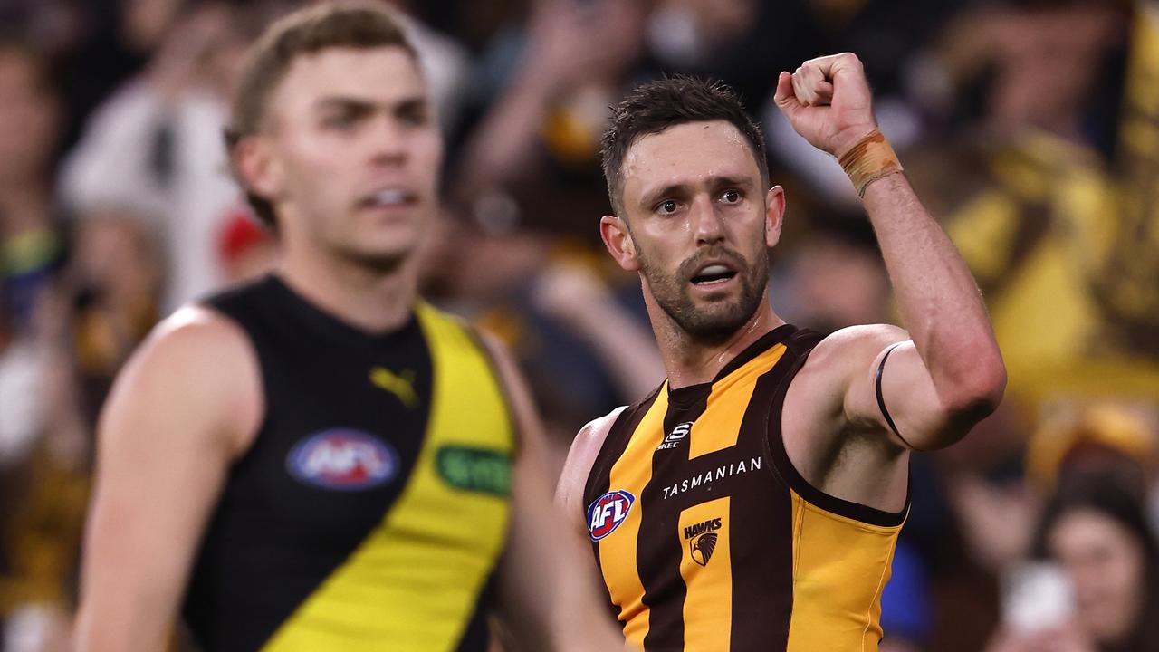 MELBOURNE, AUSTRALIA - AUGUST 18: Jack Gunston of the Hawks celebrates a goal during the round 23 AFL match between Hawthorn Hawks and Richmond Tigers at Melbourne Cricket Ground, on August 18, 2024, in Melbourne, Australia. (Photo by Darrian Traynor/Getty Images)