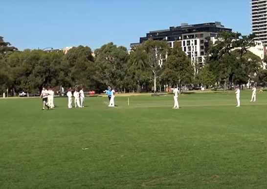 Edward Verco is given his marching orders after being timed out in St Kilda during a Fourth XI game. Picture: St Kilda Cricket Club