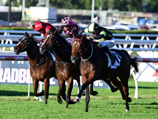 Think About It wins the Group 1 Kingsford Smith Cup at Eagle Farm for trainer Joe Pride and jockey Sam Clipperton. Picture: Grant Peters, Trackside Photography