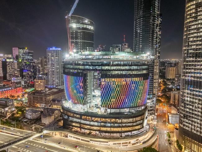 Lighting testing at Queen’s Wharf overnight, brilliant drone footage and images. Also included testing of letters, which referenced Broncos colours and words as Brisbane played first home game last night at Suncorp Stadium Picture supplied by Star Casino