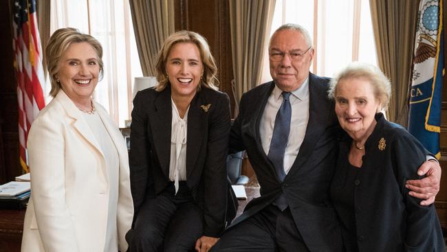 Hillary Clinton, Tea Leoni, Colin Powell and Madeleine Albright on set. Picture: CBS