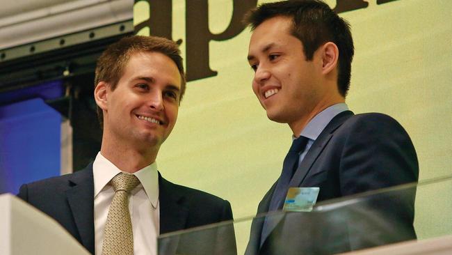 Snap CEO Evan Spiegel (L) and co-founder Bob Murphy ringing the opening bell at the New York Stock Exchange in New York City, where Snapchat was the biggest technology IPO in nearly five years. Picture: Monika Graff/UPI