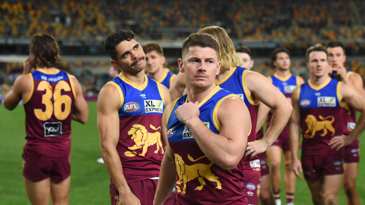 BRISBANE, AUSTRALIA - AUGUST 19: Dayne Zorko of the Lions looks dejected after his team's defeat during the round 23 AFL match between the Brisbane Lions and the Melbourne Demons at The Gabba on August 19, 2022 in Brisbane, Australia. (Photo by Albert Perez/AFL Photos via Getty Images)