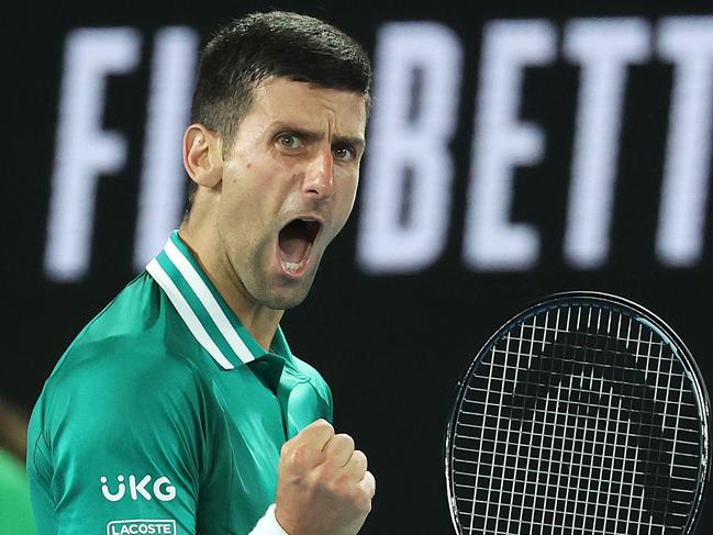 Australian Open tennis. 16/02/2021. Day 9.. Novak Djokovic vs Alexander Zverev on Rod Laver Arena.  Novak Djokovic celebrates winning the 3rd set    . Pic: Michael Klein