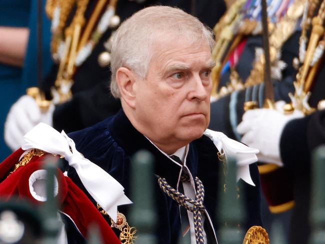 Britain's Prince Andrew, Duke of York  leaves Westminster Abbey after the Coronation Ceremonies of Britain's King Charles III and Britain's Queen Camilla in central London on May 6, 2023. - The set-piece coronation is the first in Britain in 70 years, and only the second in history to be televised. Charles will be the 40th reigning monarch to be crowned at the central London church since King William I in 1066. Outside the UK, he is also king of 14 other Commonwealth countries, including Australia, Canada and New Zealand. (Photo by Odd ANDERSEN / AFP)