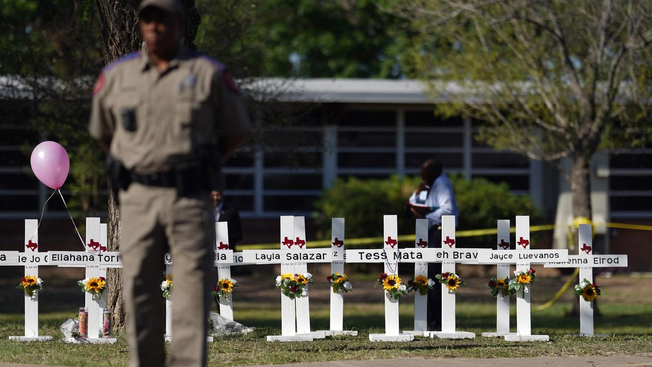 Crosses sit outside the Robb Elementary School in remembrance of those killed in Uvalde, Texas. Picture: AFP