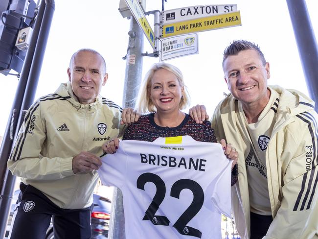 Leeds legends Tony Dorigo (left) and Michael Bridges (right) celebrate Caxton Street’s “Elland Road” transformation with Brisbane Deputy Mayor Krista Adams. Picture: NCA NewsWire / Sarah Marshall