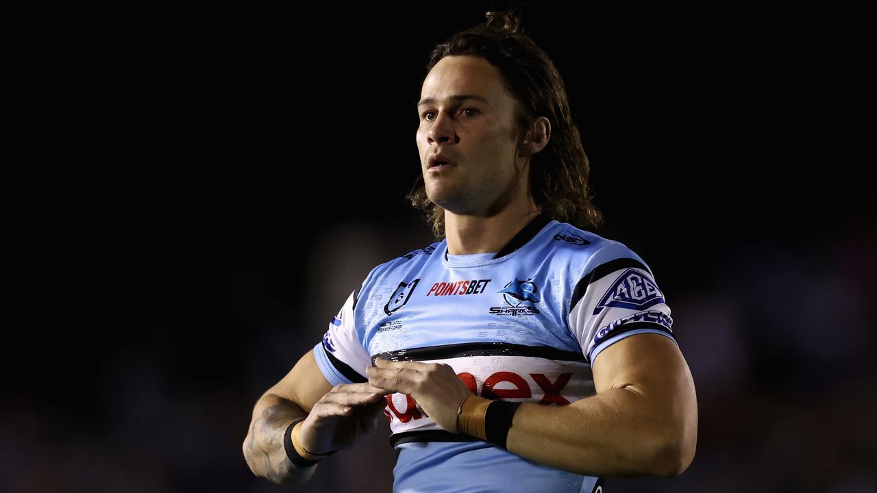 SYDNEY, AUSTRALIA - AUGUST 31: Nicho Hynes of the Sharks warms up during the round 26 NRL match between Cronulla Sharks and New Zealand Warriors at PointsBet Stadium, on August 31, 2024, in Sydney, Australia. (Photo by Cameron Spencer/Getty Images)