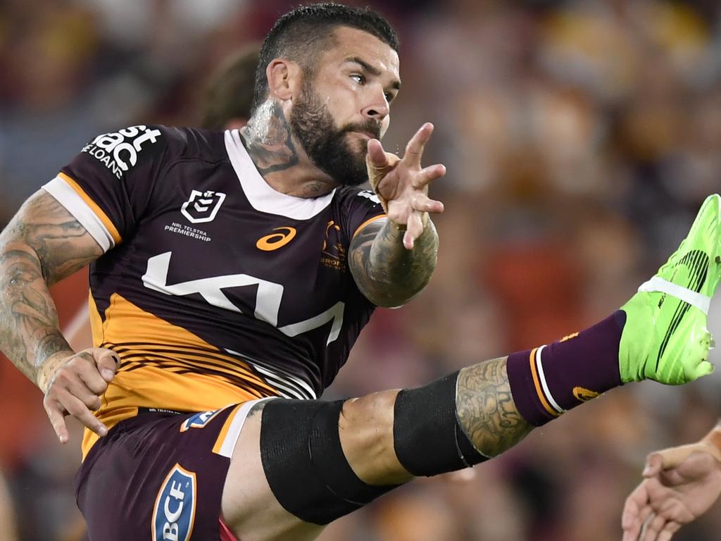 Brisbane Broncos halfback Adam Reynolds kicks the ball against teh SOuth SYdney Rabbitohs. Pictures: NRL Images