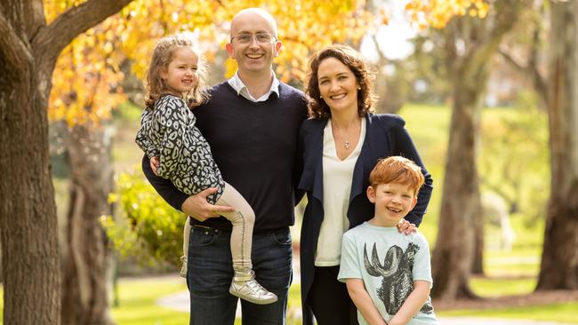 Georgina Downer, with husband Will Heath and children Henry, and Margot, in Mount Barker.