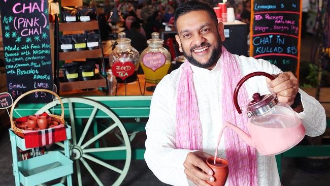 Shabbir Kanchwala from Kadak Chair at Dandenong with his pink Chai. Picture: Rebecca Michael