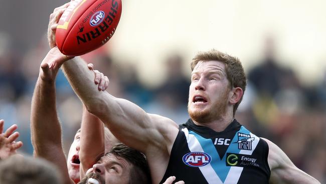 Port Adelaide ruckman Matthew Lobbe has become one of the best big men in the AFL. Might the Roos draft a ruckman with pick 16? Picture: Sarah Reed