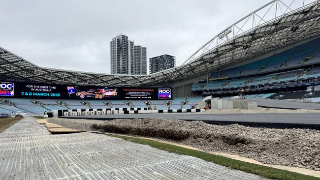 2025 Race of Champions circuit build at Accor Stadium. Picture: David McCowen