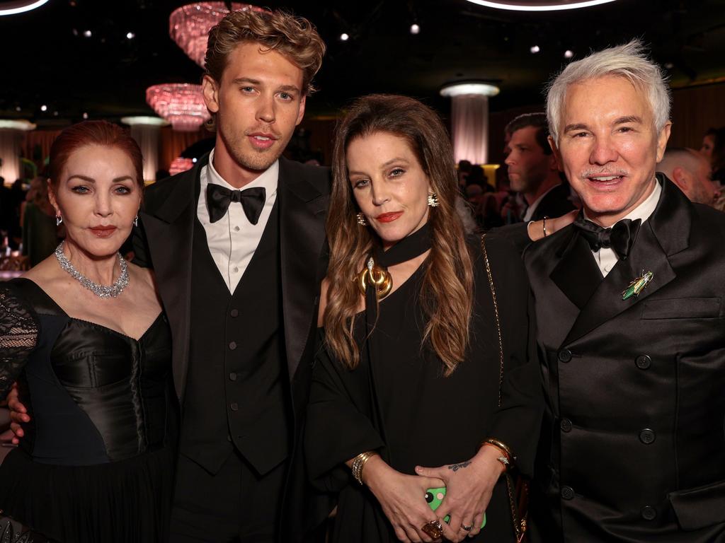 Left to right: Priscilla Presley, Austin Butler, Lisa Marie Presley and Baz Luhrmann at the 2023 Golden Globe Awards. Picture: Shutterstock for HFPA