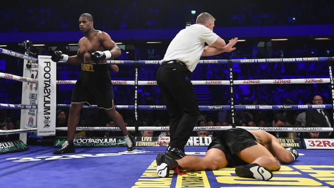 The referee waves off the fight after Daniel Dubois’ vicious knockout. (Photo by Leigh Dawney/Getty Images)