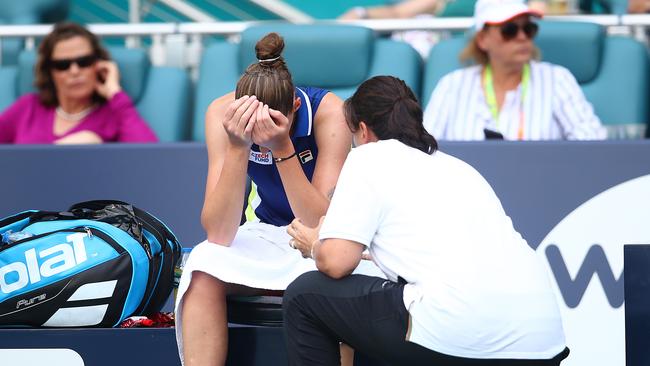 Karolina Pliskova of Czech Republic with coach Conchita Martinez after the loss to Barty. Picture: Julian Finney/Getty Images