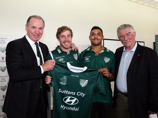 (L-R) Simon Poidevin, Lachlan Anderson (1st Grade) , Yirrbi Jaffer - Williams 1st Colts Captain) and Bob Dwyer pose for a photograph at Coogee Beach Club, Coogee on Friday 6 April, 2018. Randwick Rugby Club Season Launch. (AAP Image/CRAIG WILSON)