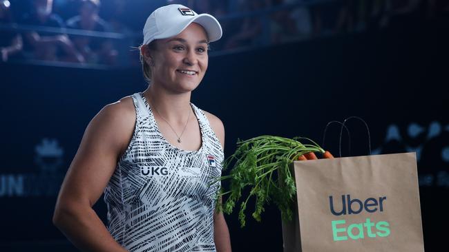 Number 1 women's tennis player in the world Ash Barty films a Uber Eats commercial ahead of the Australian Open. Picture: Zak Simmonds