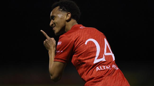 Aamir Abdallah celebrates a goal for Hume City. Picture: Daniel Pockett