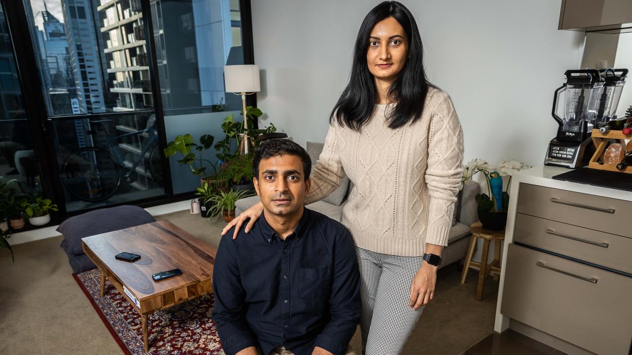 Sahil Yadav and his partner Mo Yadav inside their Southbank apartment, have had their rent increased 22 per cent. Picture: Jake Nowakowski