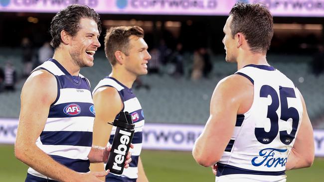 Isaac Smith and Patrick Dangerfield after their win over Port Adelaide in Adelaide.