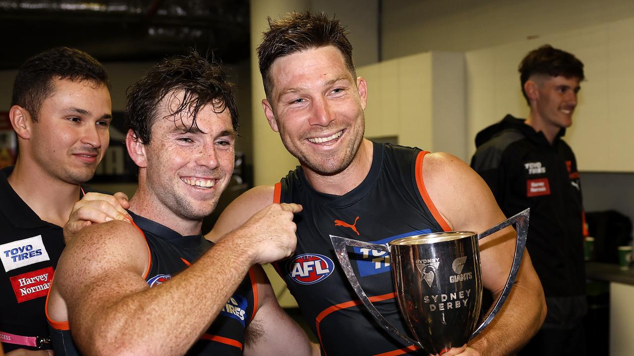 Brent Daniels and Toby Greene after one of the Giants’ best wins. Picture: Phil Hillyard