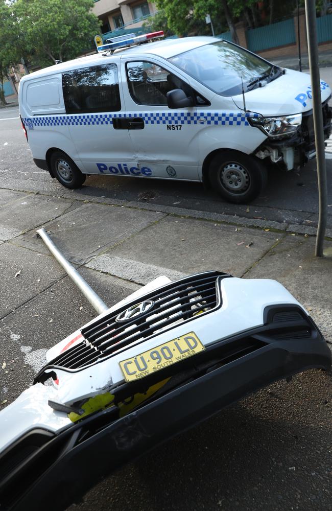 A damaged police van at Chatswood. Picture John Grainger