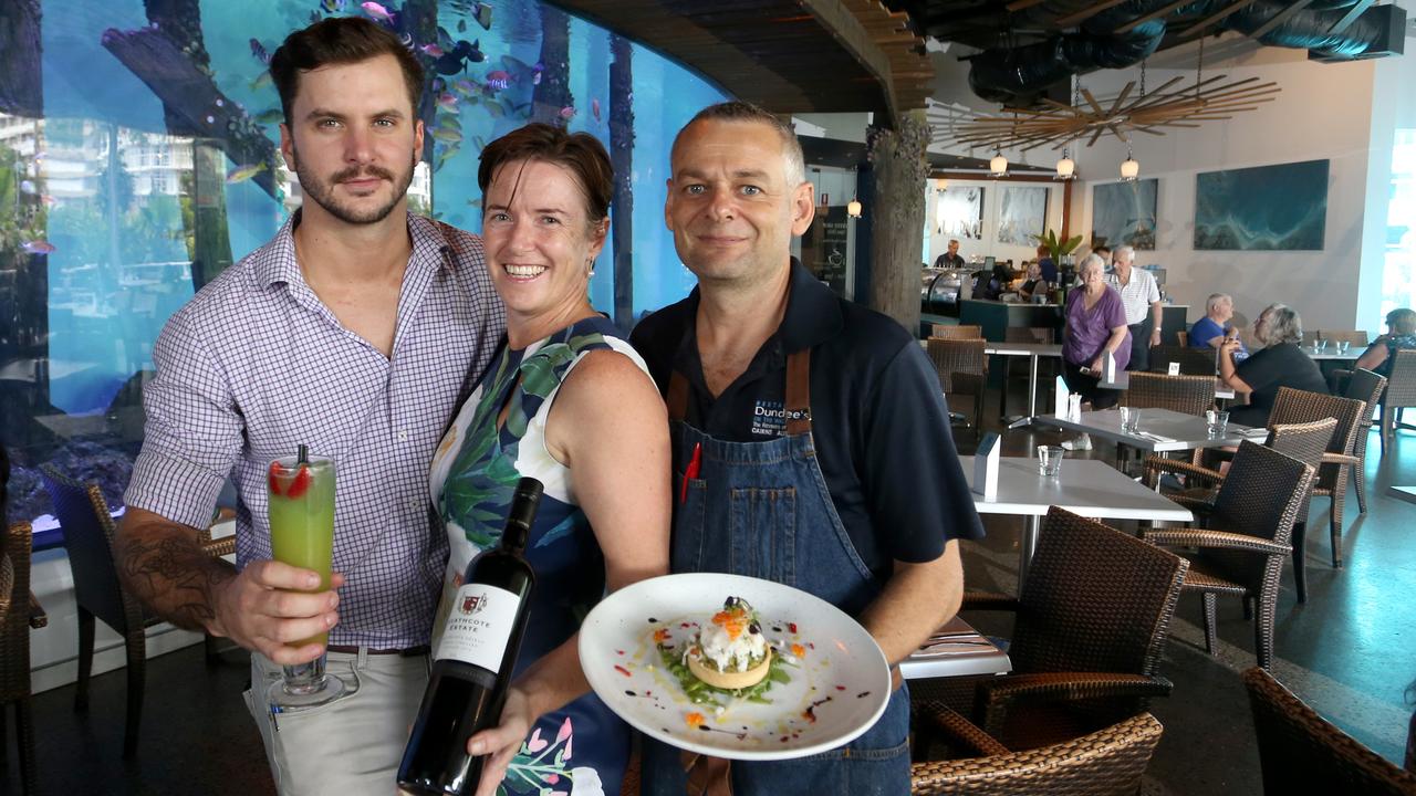 Dundee’s manager Jacob Low and co-owners Tina and James Wort at the restaurant at the Cairns Aquarium. Picture: Anna Rogers