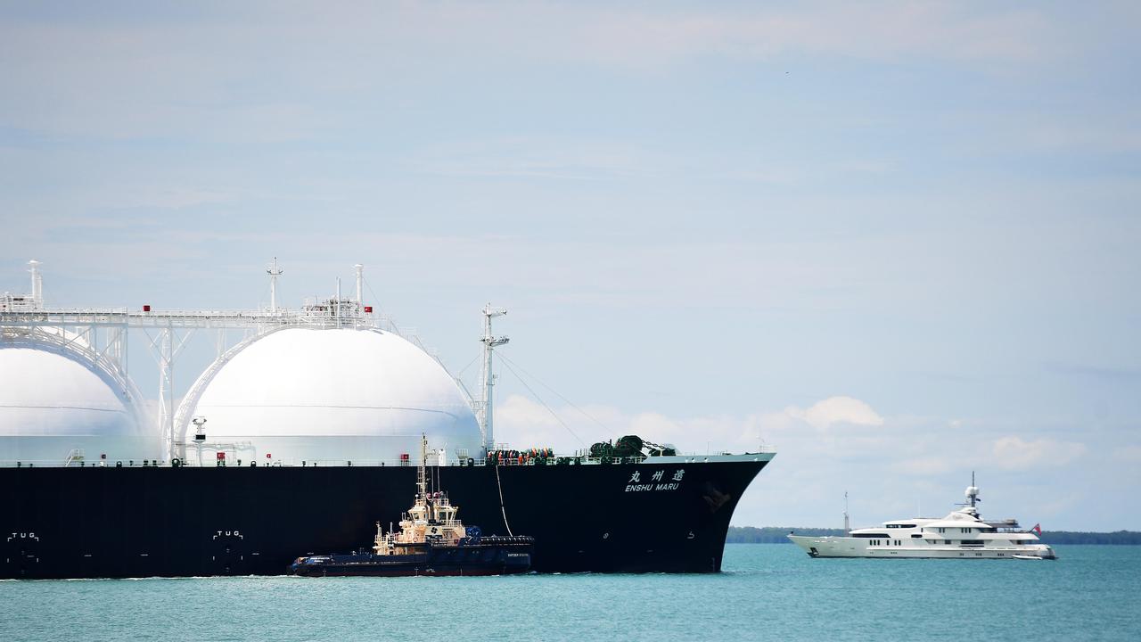 A massive cargo ship with natural gas in Darwin. Australia’s major trading partners plan to use gas for decades to come. Picture: Justin Kennedy