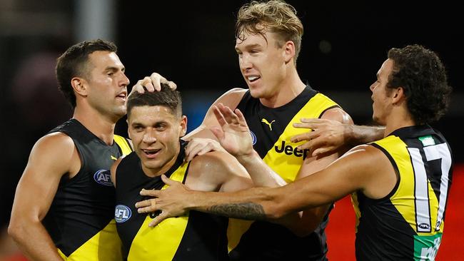 Tom Lynch (centre right) has been elevated to Richmond’s leadership group after he previously captained Gold Coast, but there was no room for Jack Graham (left), who has been touted as a future skipper. Picture: Michael Willson / Getty Images