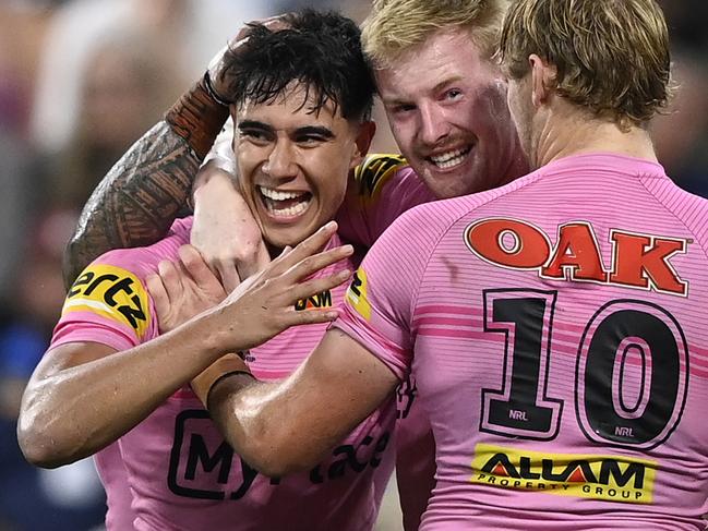 TOWNSVILLE, AUSTRALIA - MAY 10: Blaize Talagi of the Panthers celebrates after scoring a try during the round 10 NRL match between North Queensland Cowboys and Penrith Panthers at Queensland Country Bank Stadium, on May 10, 2025, in Townsville, Australia. (Photo by Ian Hitchcock/Getty Images)