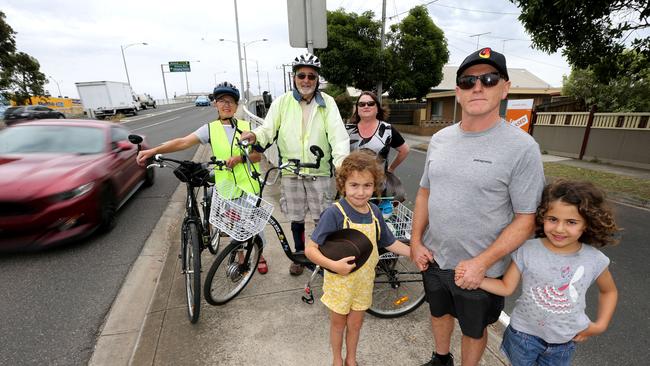 Residents Helen and David White, Justin Coburn with Leela, 7, and Asha, 5, and Pam Colenson are concerned with safety on the Telegraph Bridge. Picture: Mike Dugdale