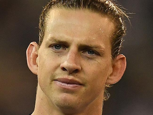 Nat Fyfe  of the Dockers reacts after the Round 11 AFL match between the Collingwood Magpies and the Fremantle Dockers at the MCG in Melbourne, Sunday, June 3, 2018. (AAP Image/Julian Smith) NO ARCHIVING, EDITORIAL USE ONLY