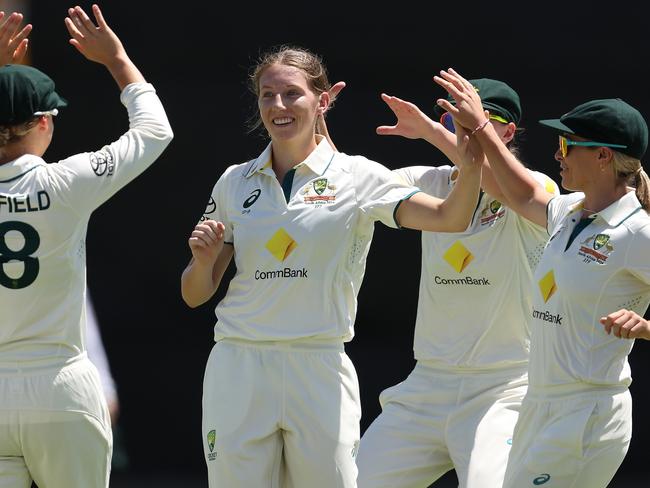 PERTH, AUSTRALIA - FEBRUARY 15: Darcie Brown of Australia celebrates the wicket of Laura Wolvaardt of South Africa during day one of the Women's Test Match between Australia and South Africa at the WACA on February 15, 2024 in Perth, Australia. (Photo by Paul Kane/Getty Images)