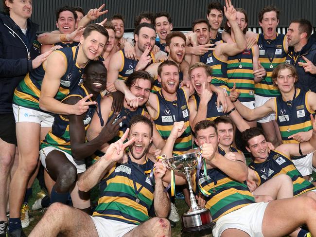 St Kevins celebrate with the trophy after VAFA (Premier) GF: Collegians v St Kevins on Sunday, September 16, 2018, in Brighton, Victoria, Australia. Picture: Hamish Blair