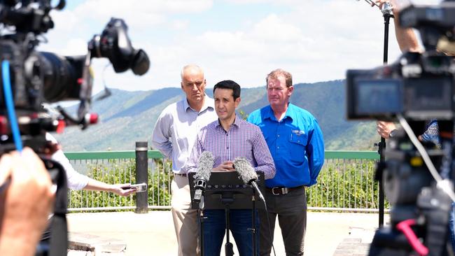 L to R - Nigel Dalton, David Crisafulli, Glen Kelly in Eungella, overlooking the Pioneer Valley. Cancelling the Pioneer-Burdekin project was one of the first acts of the Crisafulli government.