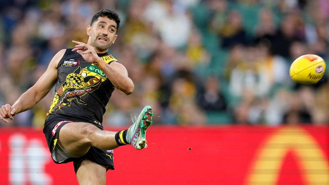 Marlion Pickett of the Tigers kicks the ball during the 2024 AFL Round 24 match between the Richmond Tigers and the Gold Coast Suns. Picture: Dylan Burns/AFL Photos via Getty Images