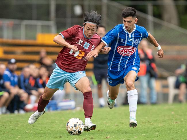 Seiya Kambayashi against Sydney Olympic’s Jaden Casella Picture: Julian Andrews