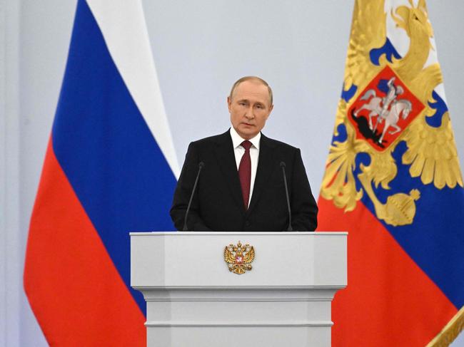 Russian President Vladimir Putin gives a speech during a ceremony formally annexing four regions of Ukraine. Picture: AFP