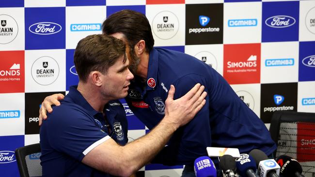 Tom Hawkins and Chris Scott. Picture: Josh Chadwick/Getty Images)