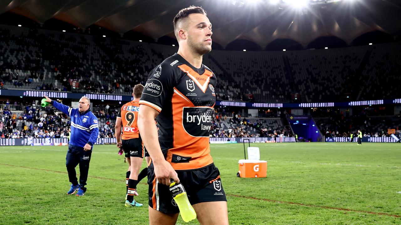 SYDNEY, AUSTRALIA - JUNE 19: Luke Brooks of the Tigers looks dejected after the round 15 NRL match between the Canterbury Bulldogs and the Wests Tigers at CommBank Stadium, on June 19, 2022, in Sydney, Australia. (Photo by Matt King/Getty Images)