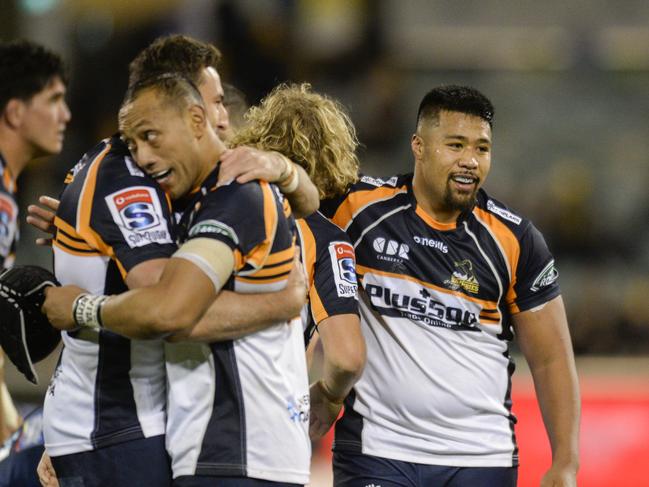 Folau Fainga'a of the Brumbies celebrates the win during the Round 12 Super Rugby match between the ACT Brumbies and the Auckland Blues at GIO Stadium in Canberra, Saturday, May 4, 2019. (AAP Image/Rohan Thomson) NO ARCHIVING, EDITORIAL USE ONLY