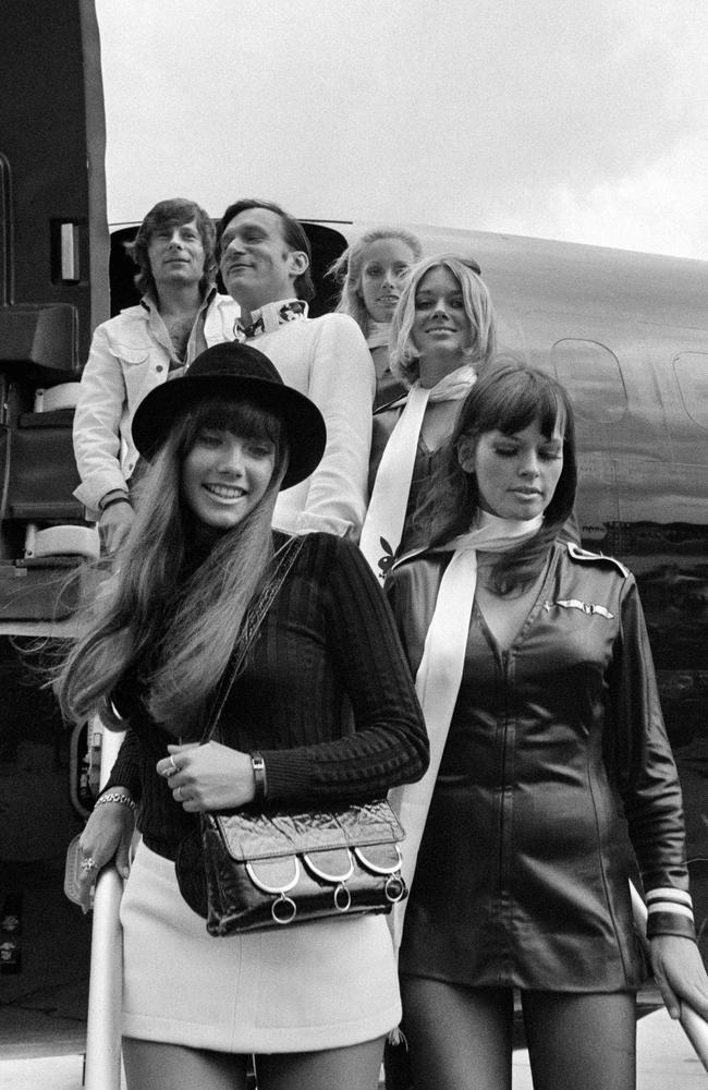 (FThis file photo taken on August 21, 1970 shows shows US Playboy Magazine publisher Hugh Hefner (top, 2nd L), film director Roman Polanski (top), his girlfriend actress Barbara Benton (first row, L) and other playmates arriving at Le Bourget airport with the Playboy jet "Big Bunny". Picture: AFP