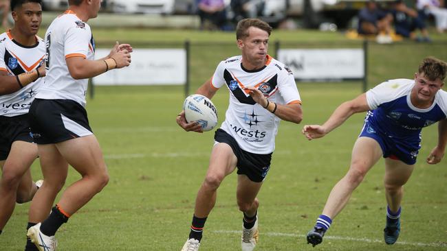 Riley Oitmann in action for the Macarthur Wests Tigers against the North Coast Bulldogs during round two of the Laurie Daley Cup at Kirkham Oval, Camden, 10 February 2024. Picture: Warren Gannon Photography