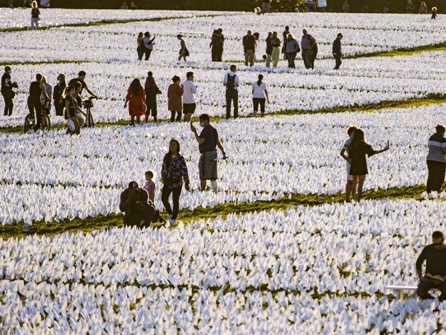 People walk through the flags of the 'In America: Remember' public art installation in Washington DC, each flag representing an American dead from Covid. Picture: AFP